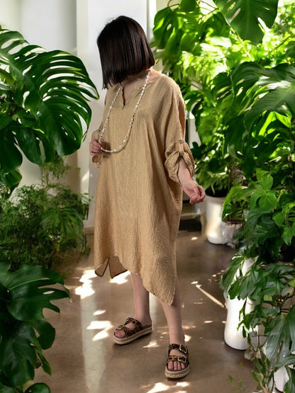 COLINE - ROBE TUNIQUE CAMEL OVERSIZE BRODEE DANS LE DOS JUSQU'A LA TAILLE 54/56