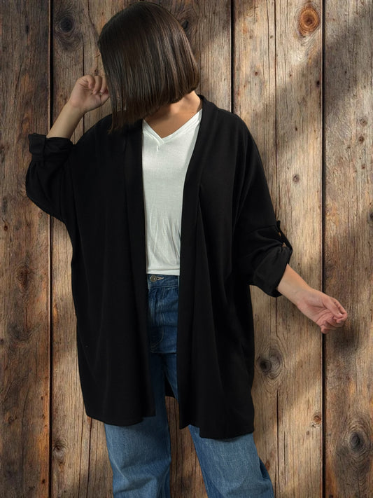 TEDDY - GILET NOIR EN MAILLE OVERSIZE JUSQU'A LA TAILLE 54