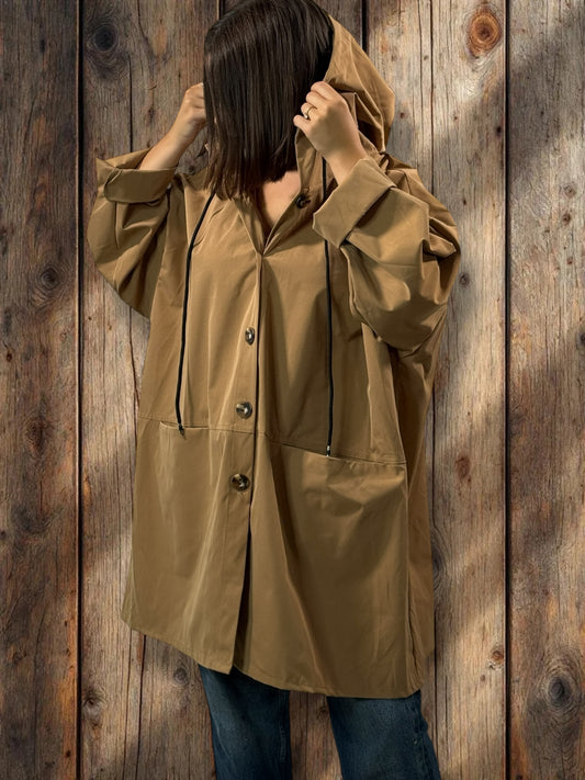 DORIAN - VESTE TRENCH CAMEL OVERSIZE A CAPUCHE JUSQU'A LA TAILLE 56