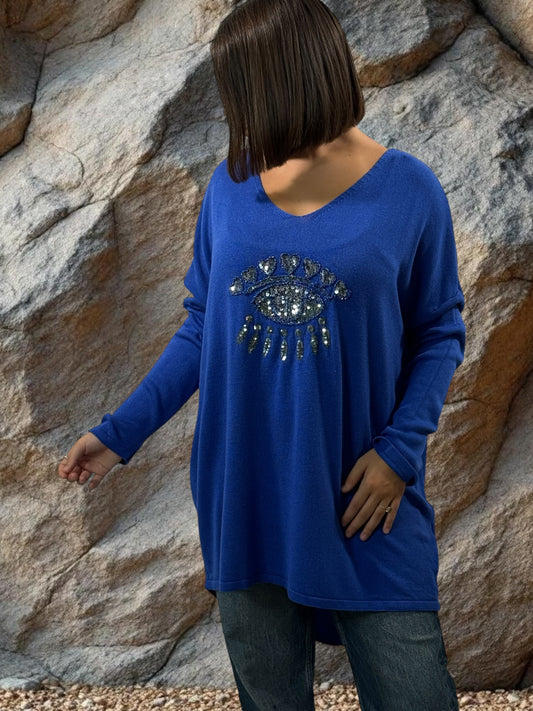 FREEDOM - PULL BLEU EN MAILLE FLUIDE OEIL EN SEQUINS JUSQU'A LA TAILLE 52