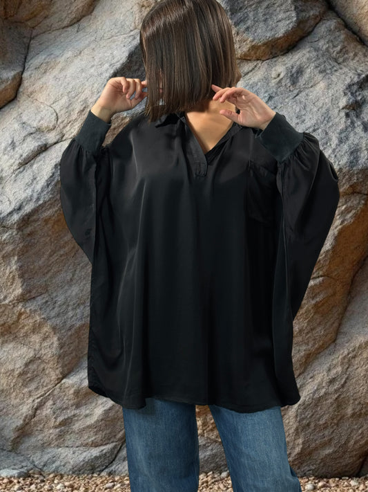 MONICA - TUNIQUE NOIRE OVERSIZE ASPECT SOIE JUSQU'A LA TAILLE 56