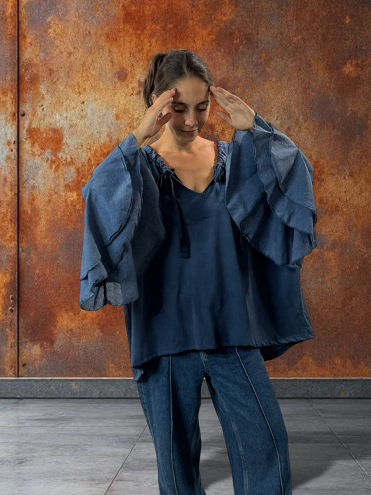 EMILIE - BLOUSE BLEUE EN COTON OVERSIZE JUSQU'A LA TAILLE 52