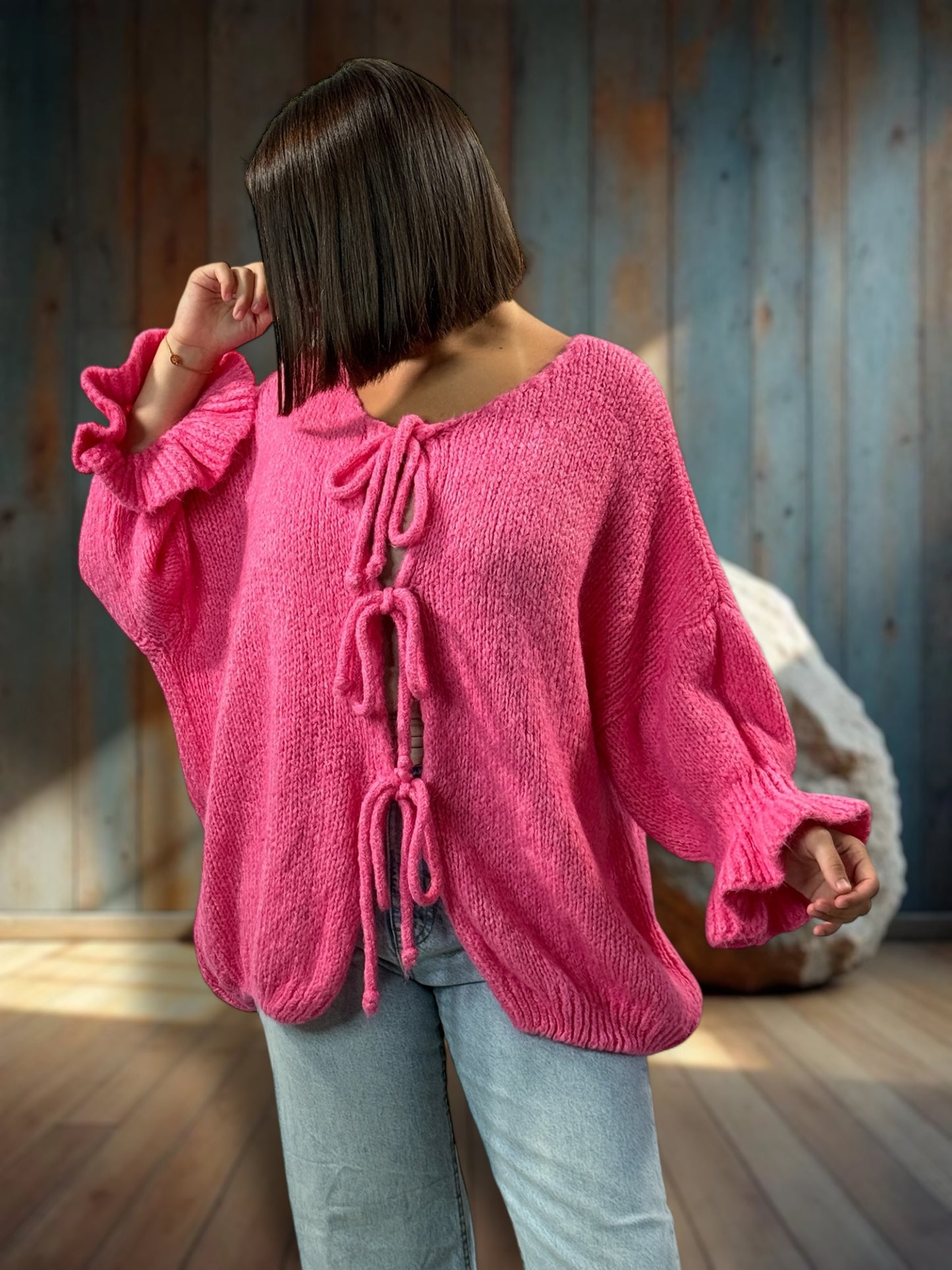 BERENGERE - GILET OVERSIZE ROSE AVEC NOEUDS JUSQU'A LA TAILLE 52/54
