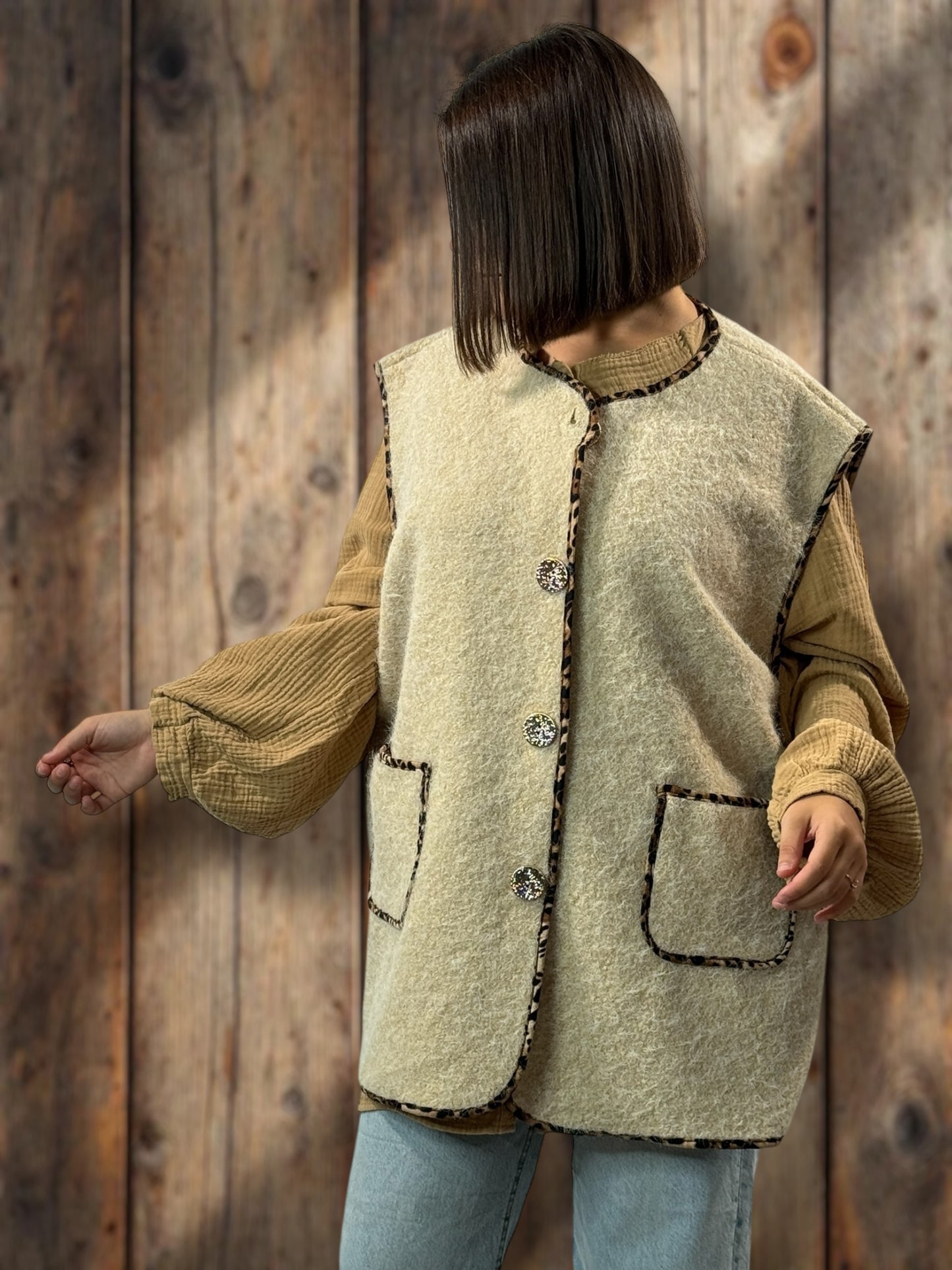 PAULO - GILET BEIGE SANS MANCHES JUSQU'A LA TAILLE 52/54