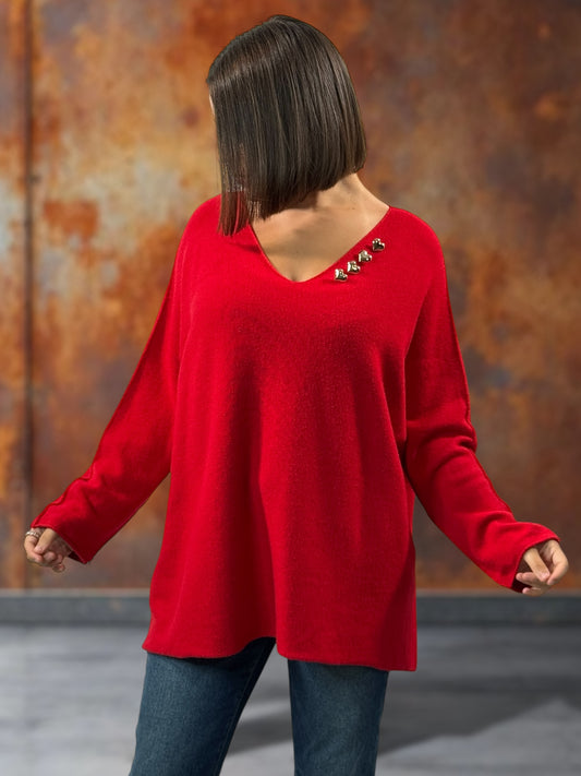 CELINE - PULL OVERSIZE ROUGE AVEC BOUTONS COEUR JUSQU'A LA TAILLE 52