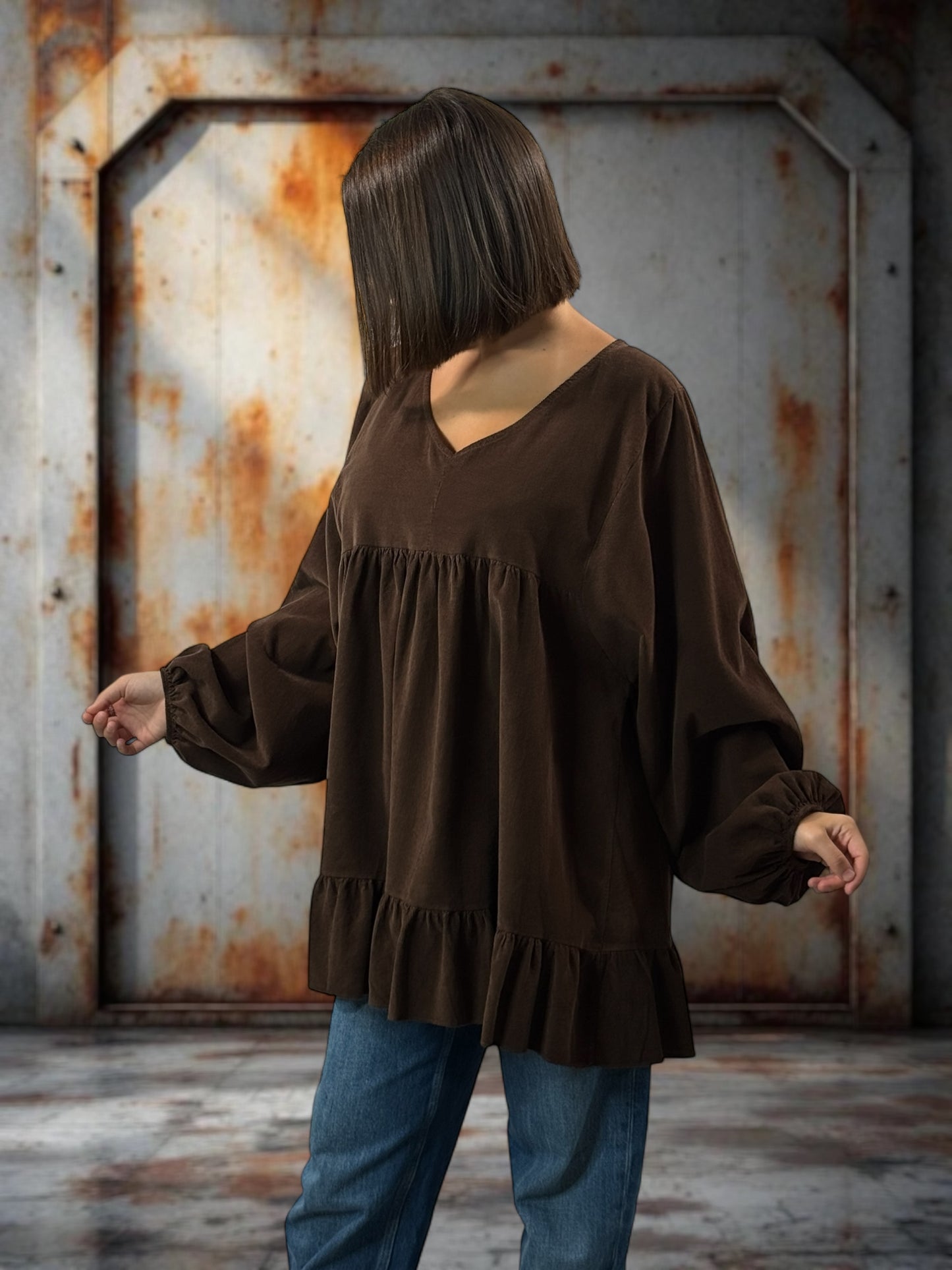 VICTORIA - TUNIQUE MARRON EN VELOURS MILLERAIES OVERSIZE JUSQU'A LA TAILLE 52