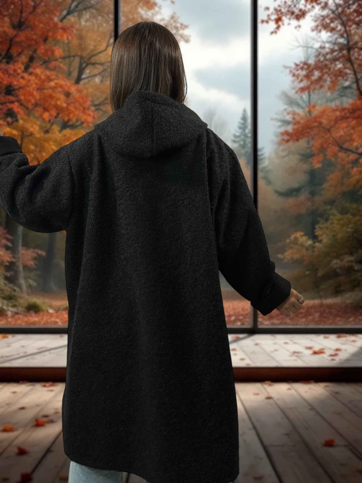 OCEANE - VESTE OVERSIZE NOIRE A CAPUCHE JUSQU'A LA TAILLE 54/56
