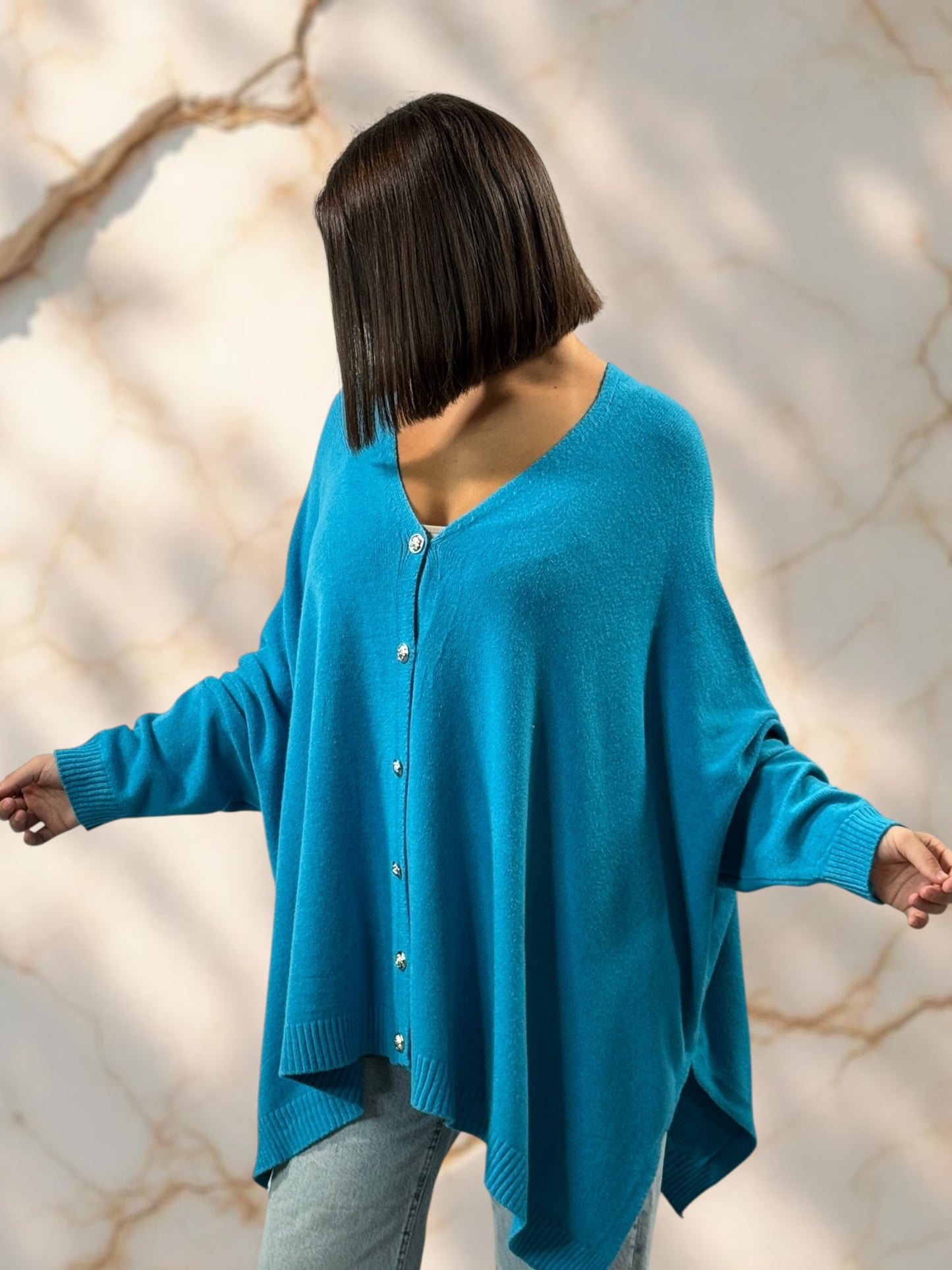 MATHILDE - GILET OVERSIZE BLEU LAGON JUSQU'A LA TAILLE 56/58