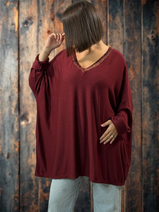 NINA - PULL BORDEAUX EN MAILLE ENCOLURE LISERE LEOPARD JUSQU'A LA TAILLE 56