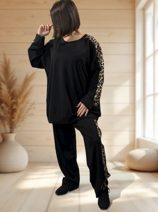 LEONARDO - ENSEMBLE NOIR BANDE LEOPARD JUSQU'A LA TAILLE 52/54