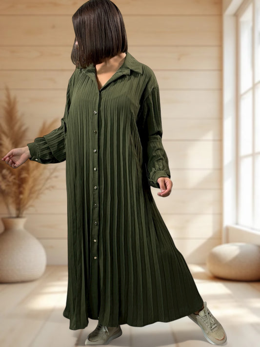 MAROUSSIA - ROBE KAKI PLIS SOLEIL JUSQU'A LA TAILLE 56