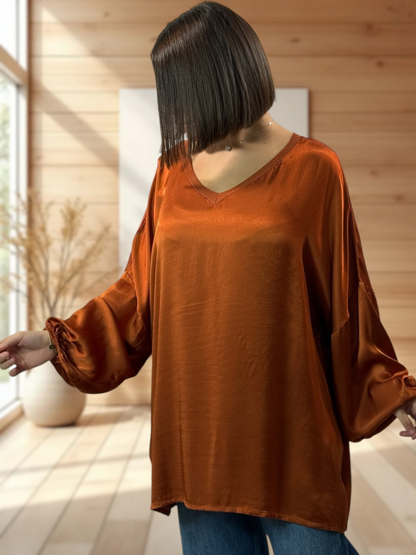 BARBARA - TUNIQUE ROUILLE OVERSIZE ASPECT SOIE JUSQU'A LA TAILLE 52