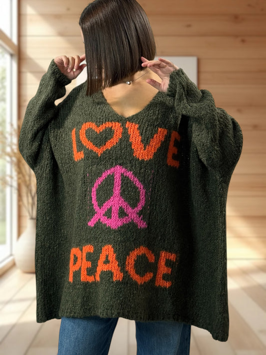 LUCKY - PULL KAKI OVERSIZE PEACE & LOVE JUSQU'A LA TAILLE 56/58