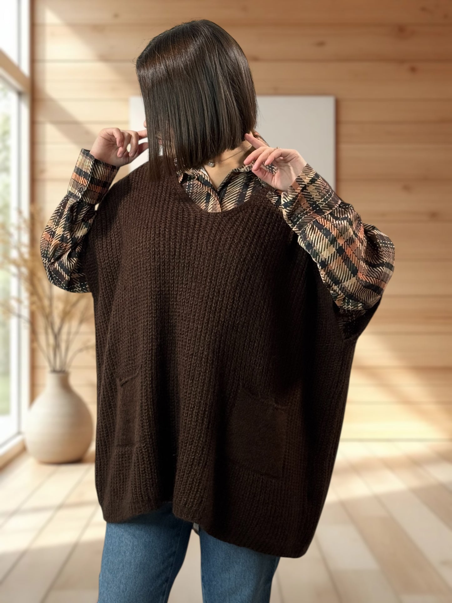 ENZO - PULL MARRON OVERSIZE JUSQU'A LA TAILLE 56