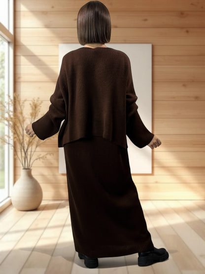 GABRIELA - ENSEMBLE MARRON EN MAILLE ROBE ET GILET JUSQU'A LA TAILLE 48