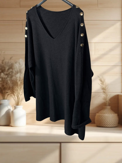 DONNA - PULL OVERSIZE NOIR AVEC BOUTONS DORES JUSQU'A LA TAILLE 52