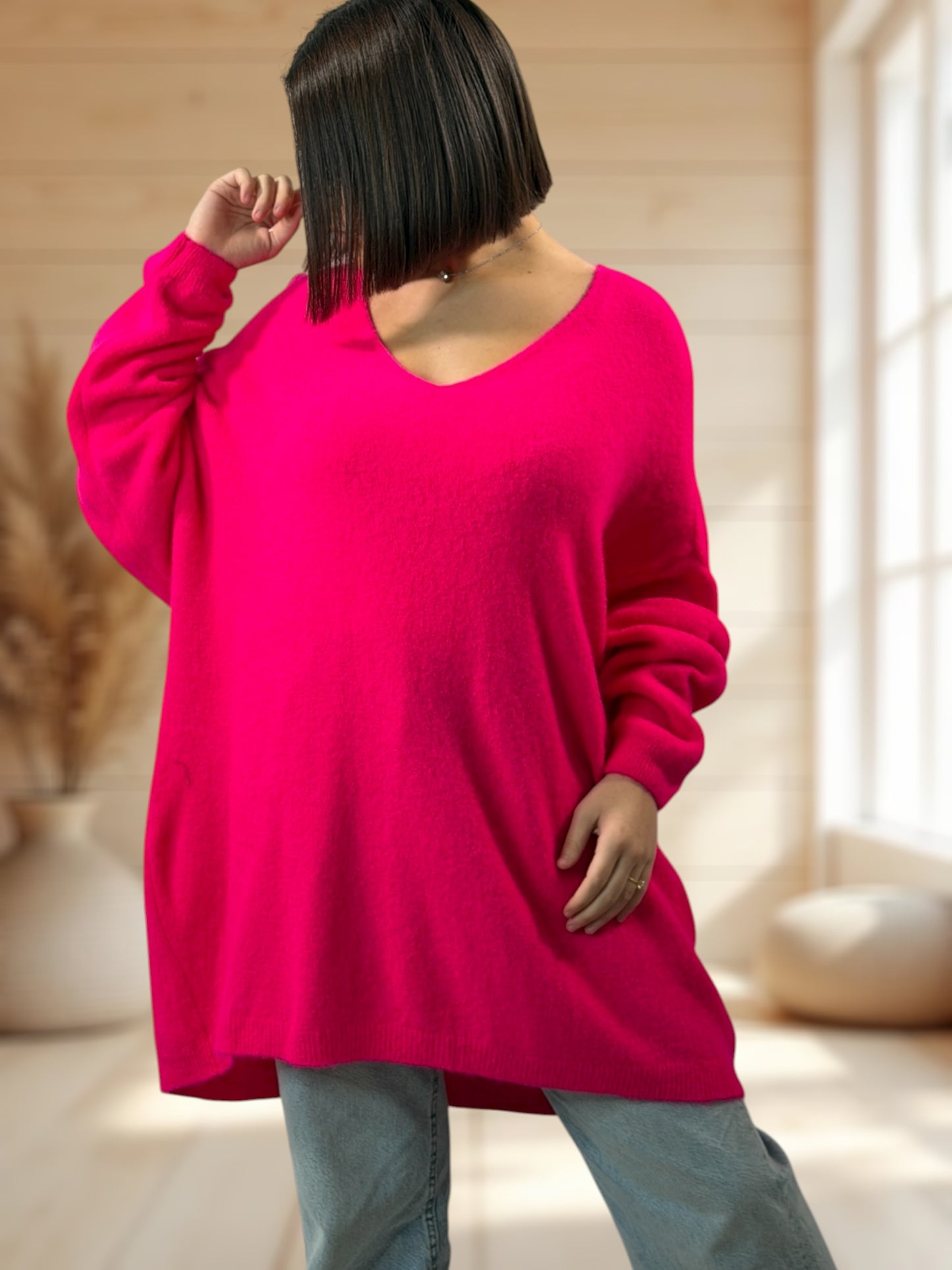 ANGELICA - PULL OVERSIZE FUCHSIA AVEC ALPAGA JUSQU'A LA TAILLE 56