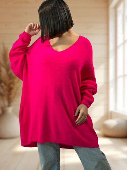 ANGELICA - PULL OVERSIZE FUCHSIA AVEC ALPAGA JUSQU'A LA TAILLE 56