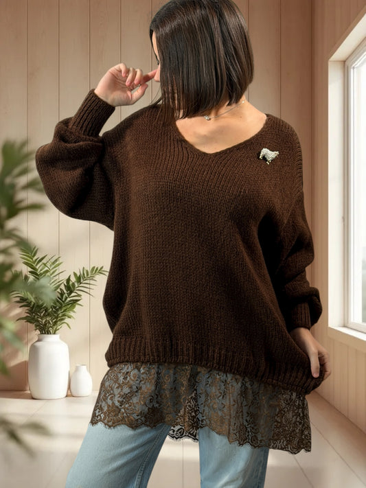 MONIKA - PULL MARRON AVEC DENTELLE JUSQU'A LA TAILLE 48/50