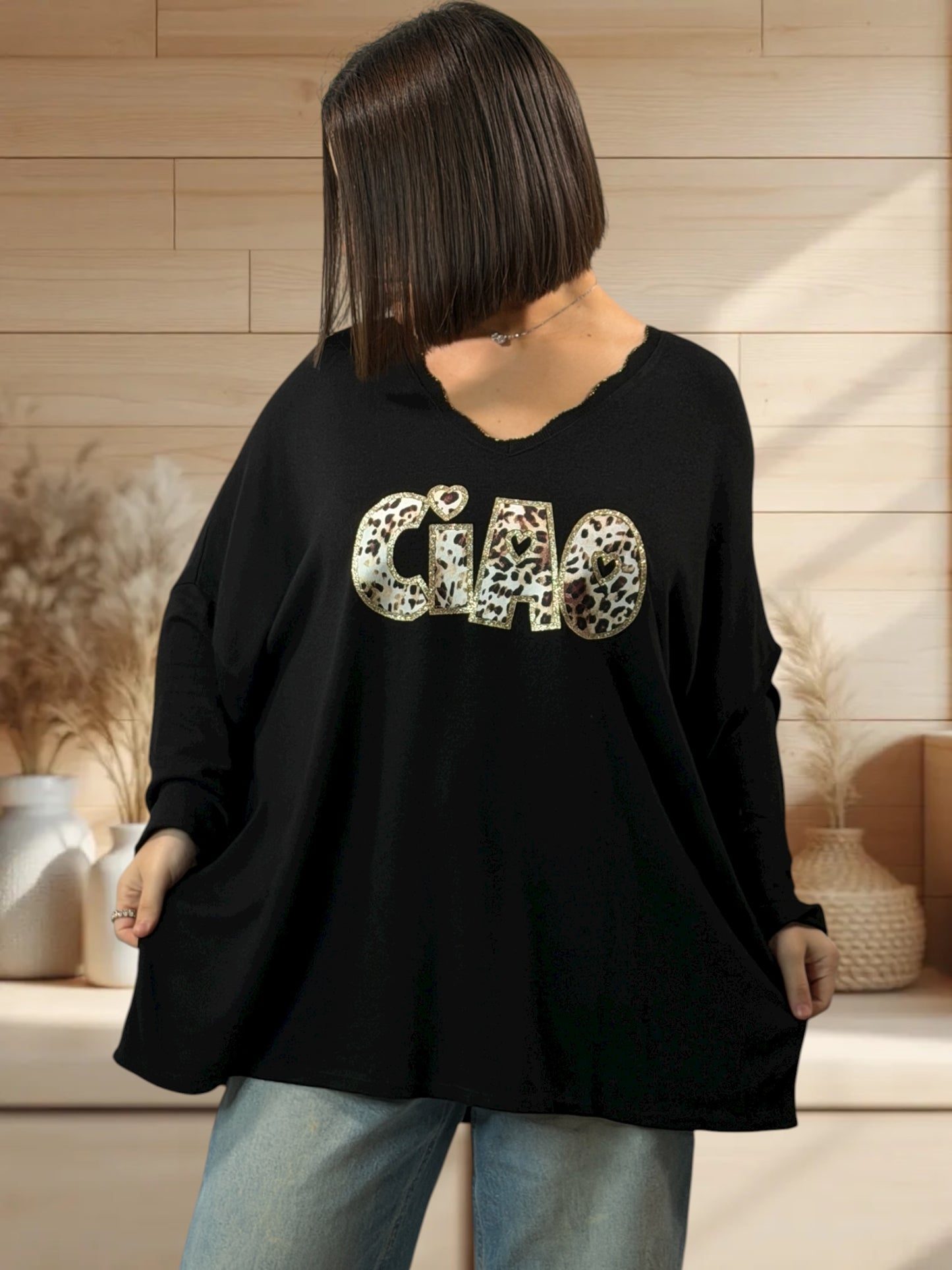 CIAO - PULL NOIR EN MAILLE FLUIDE JUSQU'A LA TAILLE 54/56