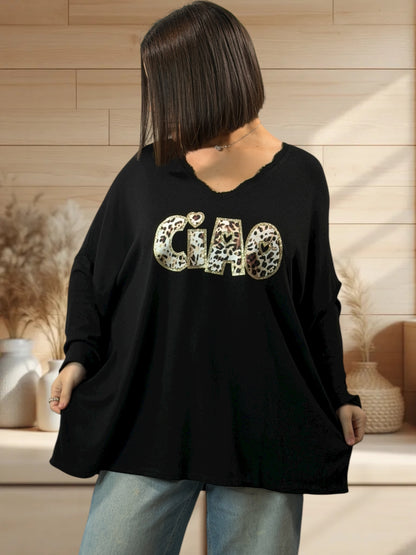 CIAO - PULL NOIR EN MAILLE FLUIDE JUSQU'A LA TAILLE 54/56