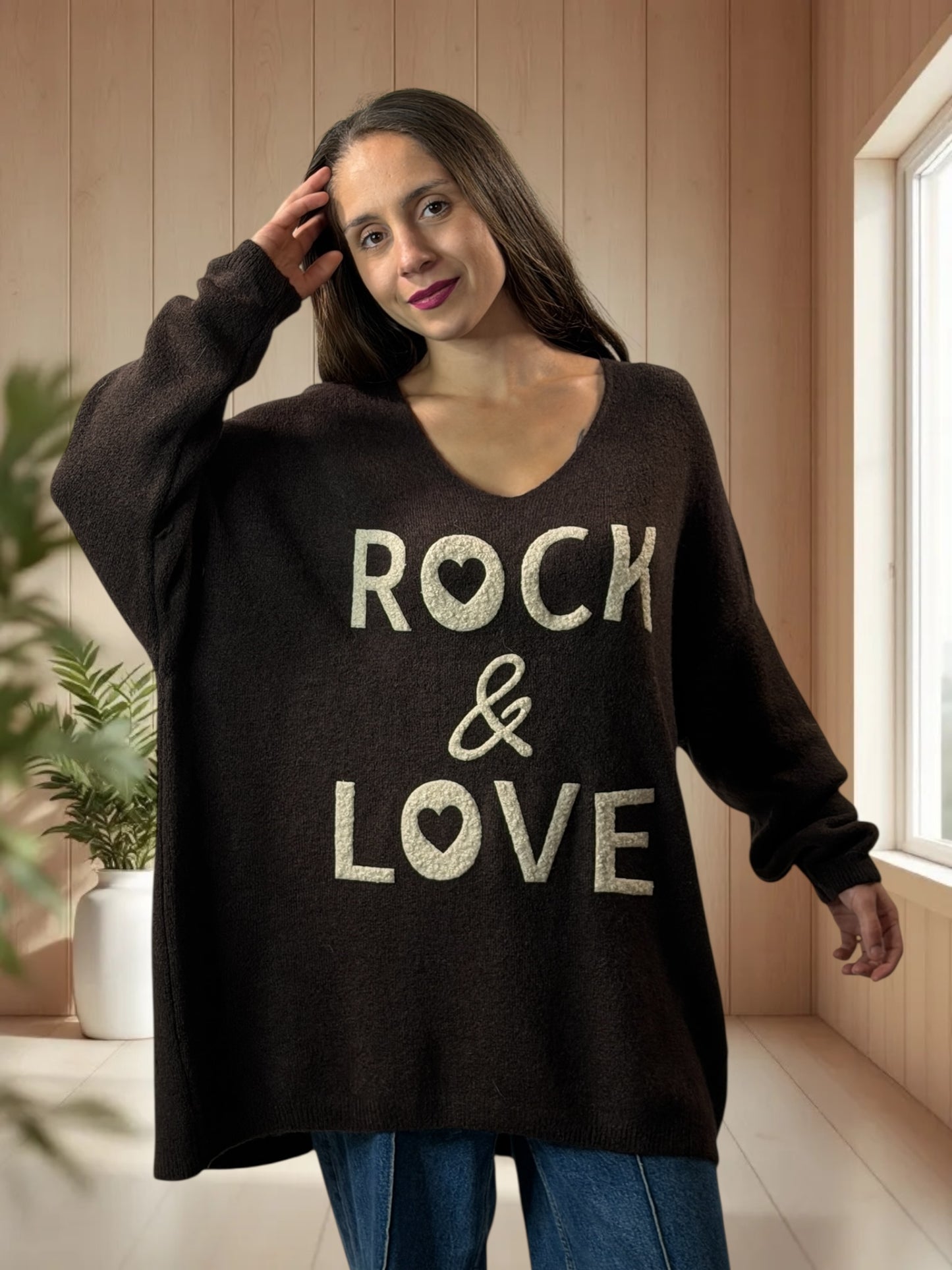 MICK - PULL OVERSIZE MARRON AVEC ALPAGA JUSQU'A LA TAILLE 56