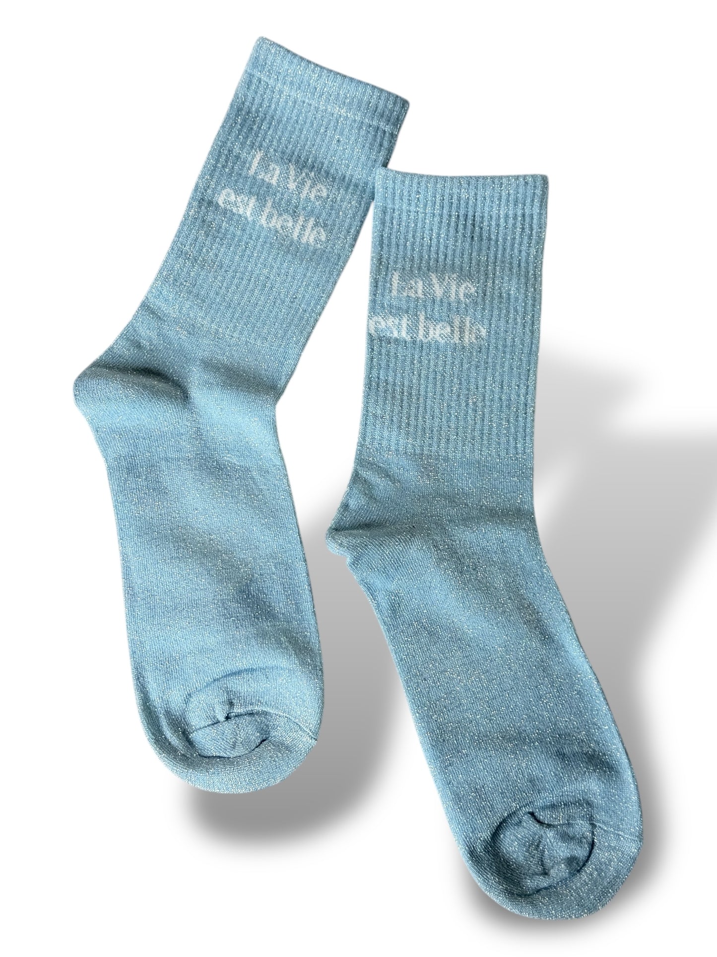 CHAUSSETTES SCINTILLANTES LA VIE EST BELLE BLEU CIEL