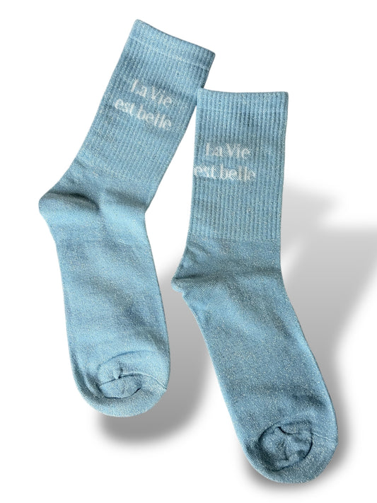 CHAUSSETTES SCINTILLANTES LA VIE EST BELLE BLEU CIEL