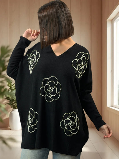 BIANCA - PULL OVERSIZE NOIR AVEC PERLE JUSQU'A LA TAILLE 54/56