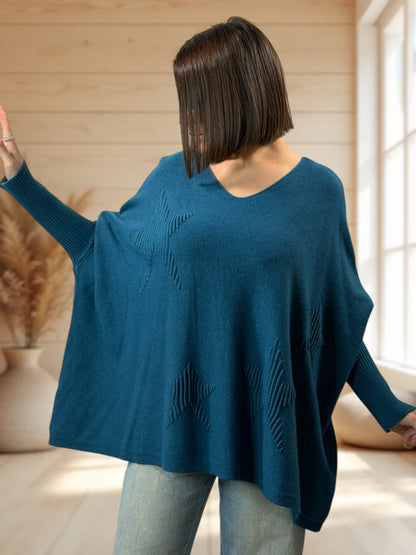 ZAZA - PULL OVERSIZE BLEU CANARD MOTIF ETOILE JUSQU'A LA TAILLE 56