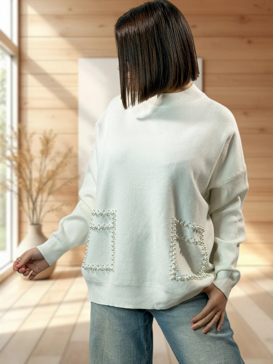BERENICE - PULL BLANC  AVEC PERLE JUSQU'A LA TAILLE 50/52