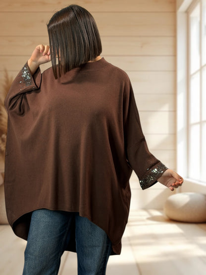 CORALINE - PULL OVERSIZE MARRON AVEC STRASS JUSQU'A LA TAILLE 56