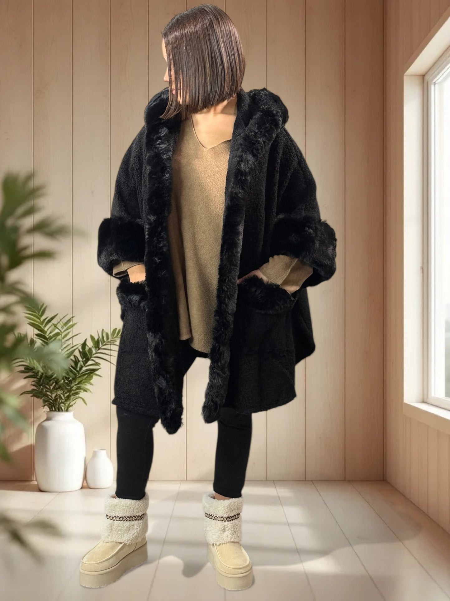 PAKITA - CAPE NOIRE A CAPUCHE BOUCLETTE FAUSSE FOURRURE