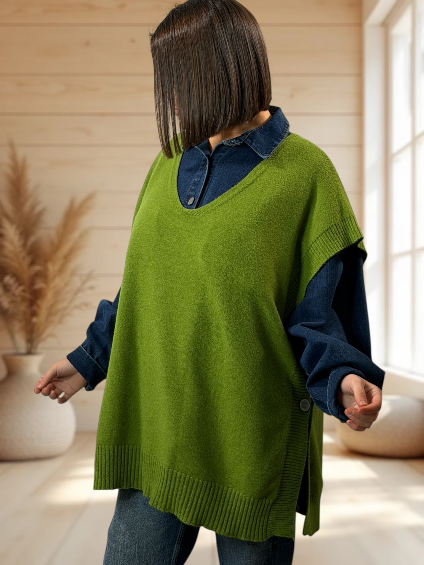 AURELIE - PULL VERT ANIS SANS MANCHES JUSQU'A LA TAILLE 52