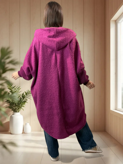 VIRGINIE - MANTEAU OVERSIZE CYCLAMEN A CAPUCHE JUSQU'A LA TAILLE 54