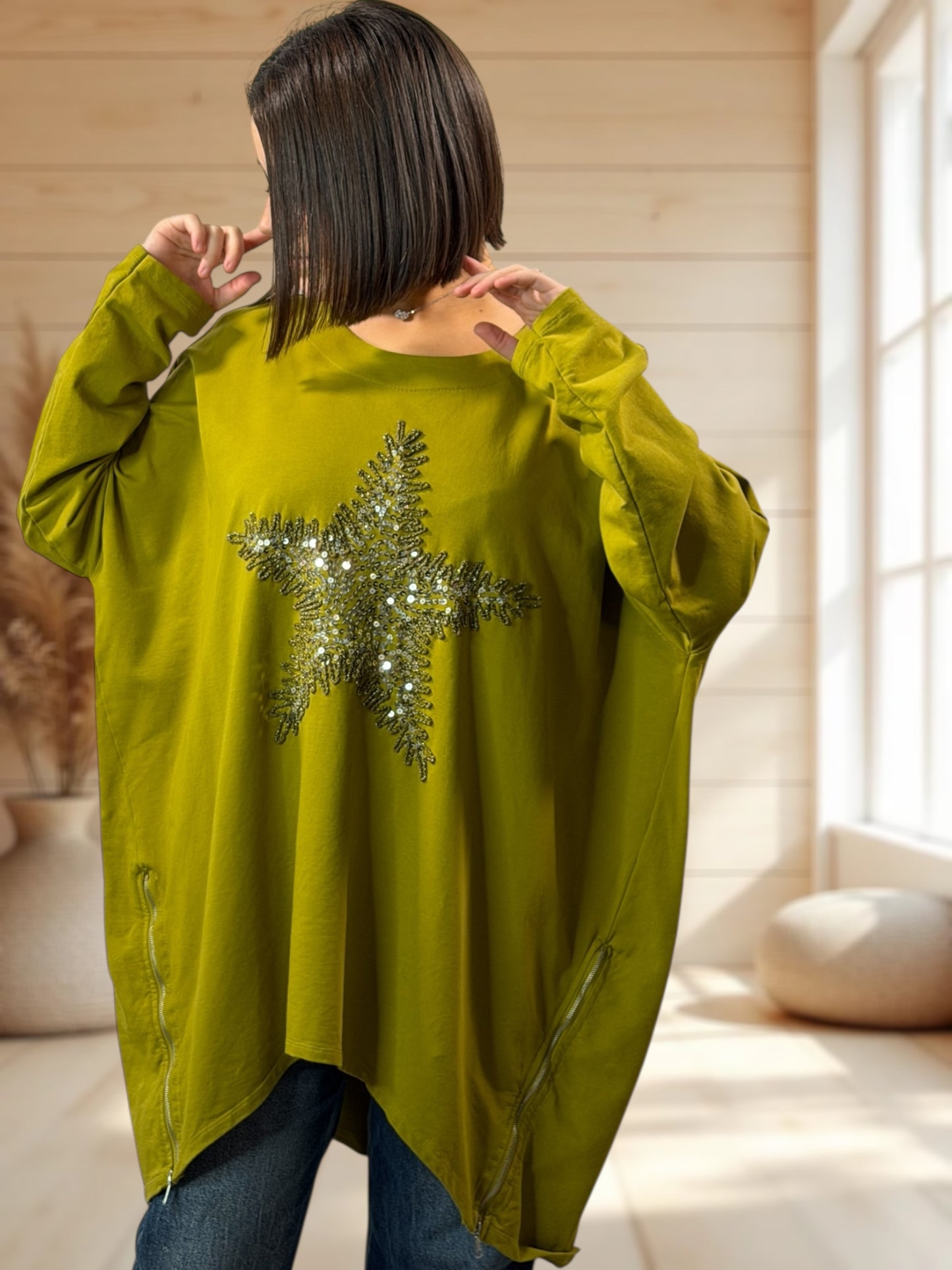 TONY - SWEAT OVERSIZE VERT ETOILE EN SEQUINS JUSQU'A LA TAILLE 56