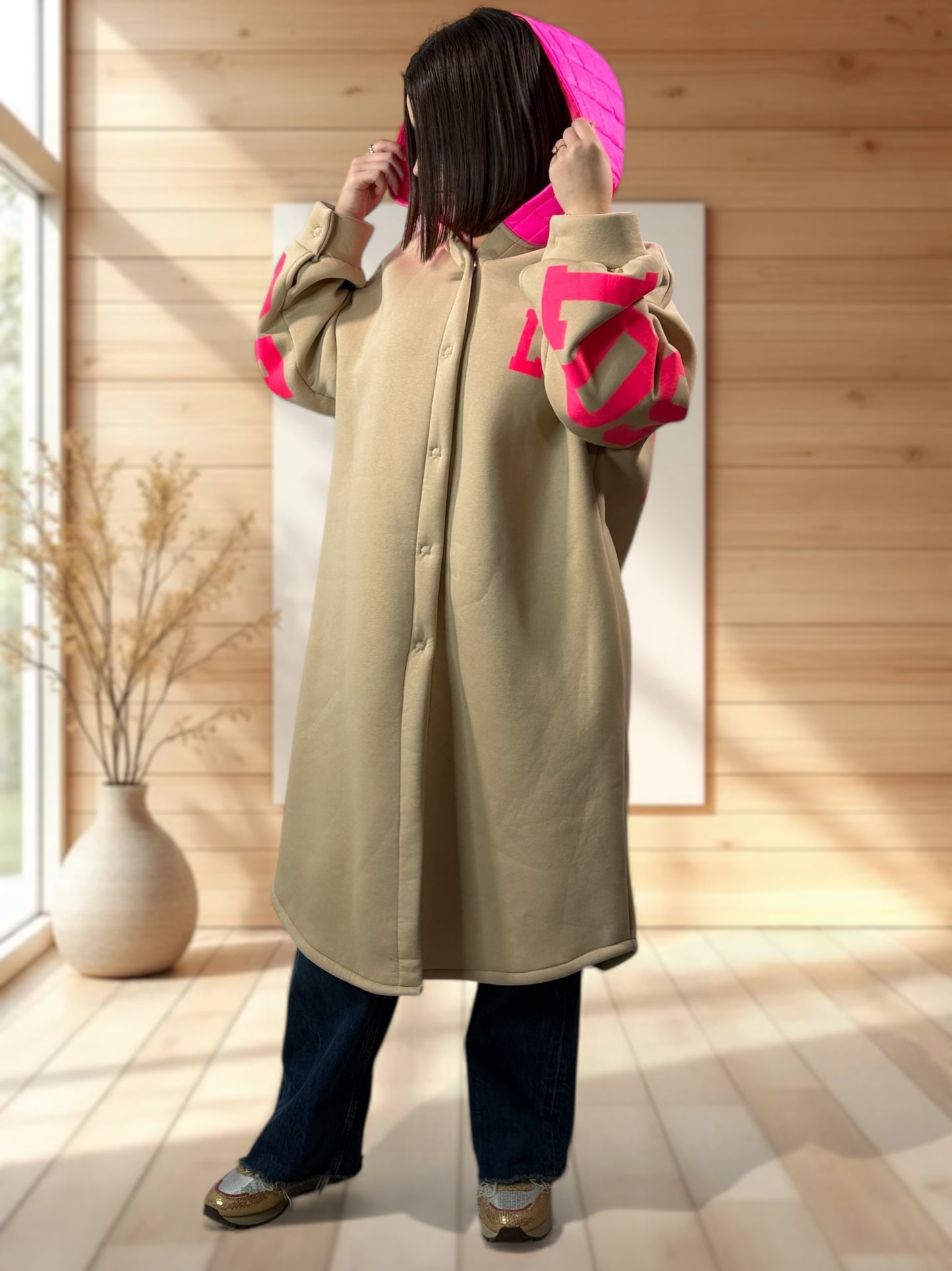 LOS ANGELES - MANTEAU OVERSIZE BEIGE A CAPUCHE JUSQU'A LA TAILLE 52