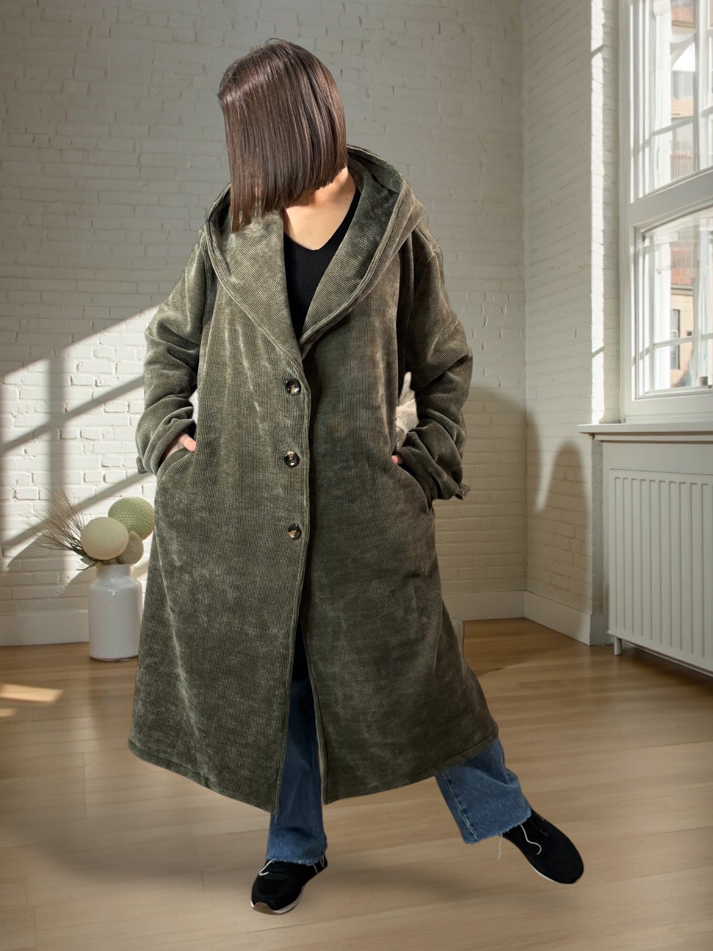 CARLOTA - MANTEAU OVERSIZE KAKI A CAPUCHE JUSQU'A LA TAILLE 56/58