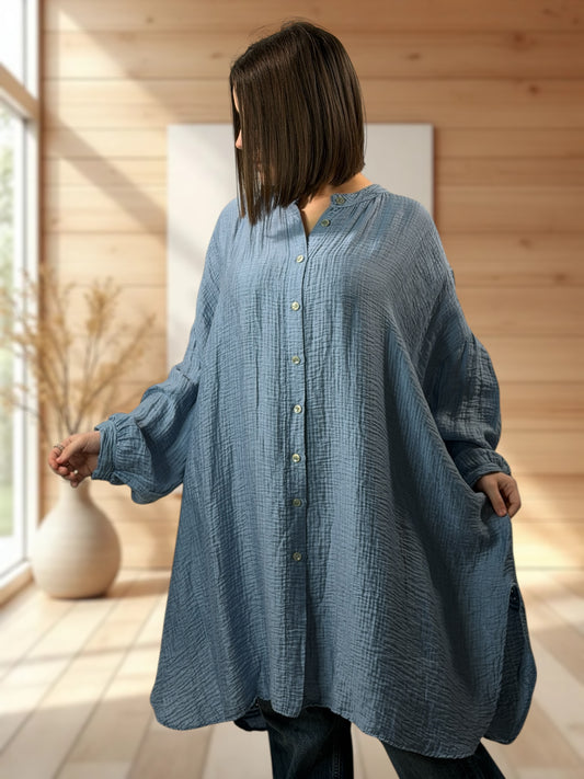 VERONICA - CHEMISE OVERSIZE BLEUE BRODERIE AU DOS JUSQU'A LA TAILLE 56