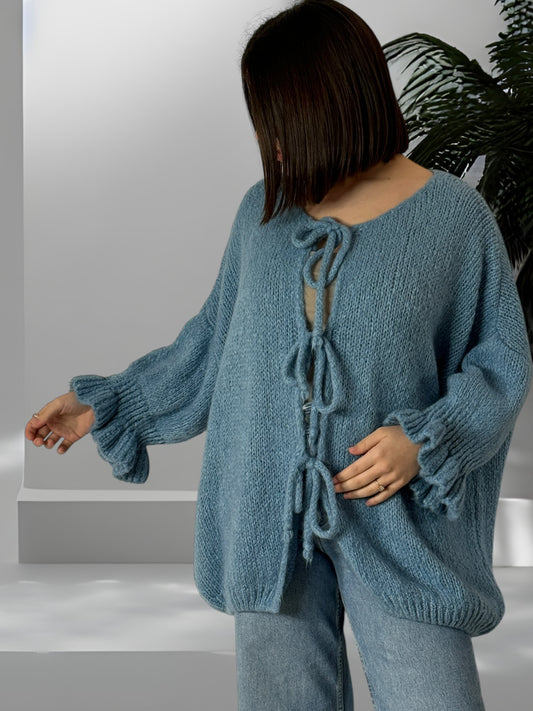 BERENGERE - GILET OVERSIZE BLEU AVEC NOEUDS JUSQU'A LA TAILLE 52/54