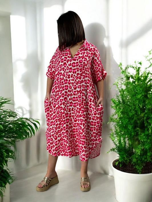 FELINE - ROBE OVERSIZE LEOPARD ROUGE JUSQU'A LA TAILLE 50