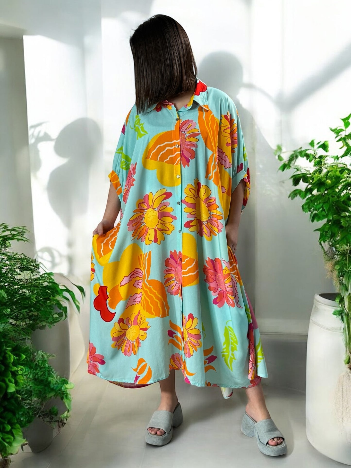 MADDY - ROBE LONGUE FLUIDE OVERSIZE LAGON A MOTIF JUSQU'A LA TAILLE 60