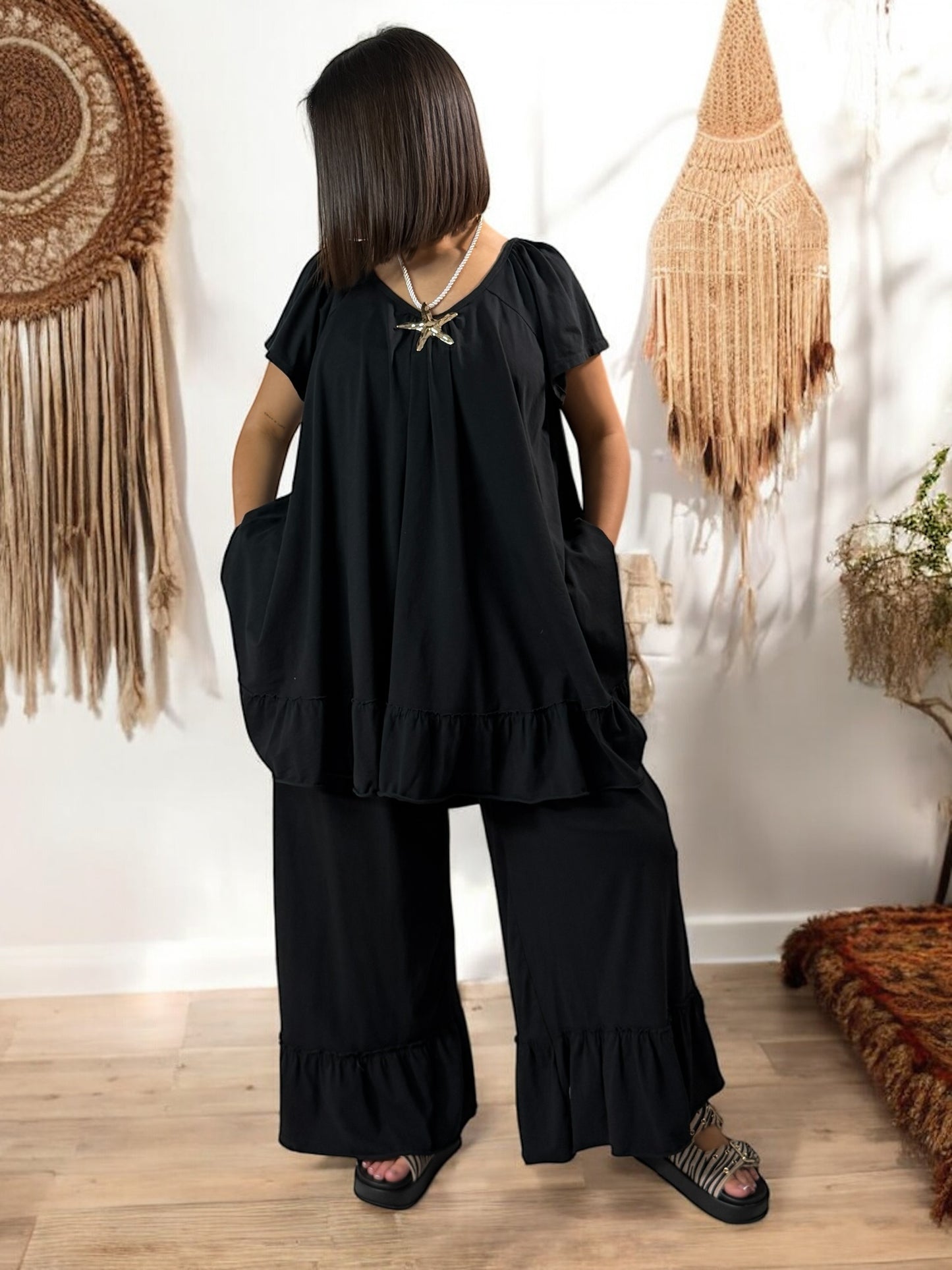 CANNES - ENSEMBLE TUNIQUE ET PANTALON  FLUIDE NOIR JUSQU'A LA TAILLE 52
