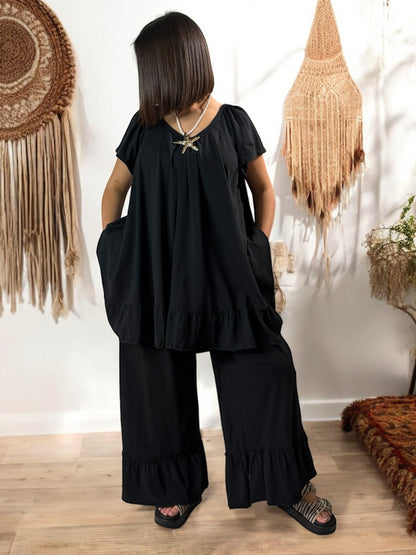 CANNES - ENSEMBLE TUNIQUE ET PANTALON  FLUIDE NOIR JUSQU'A LA TAILLE 52