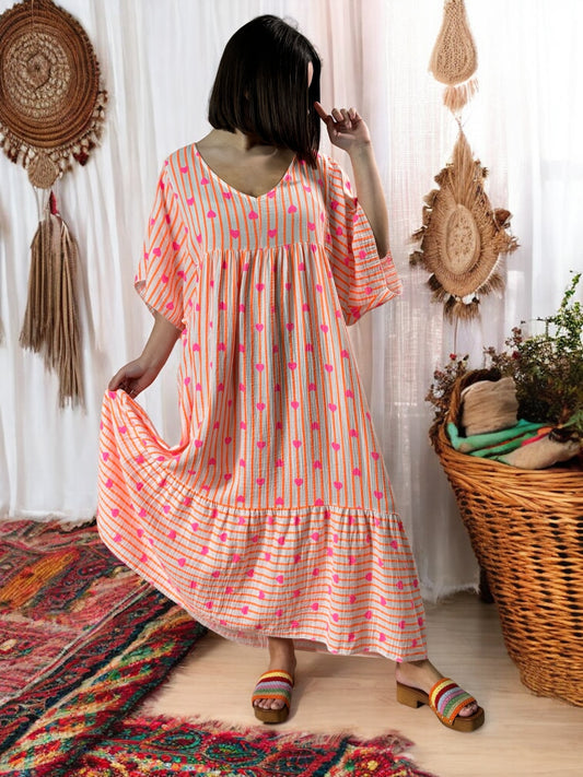 NATALIA - ROBE RAYURE ORANGE JUSQU'A LA TAILLE 56