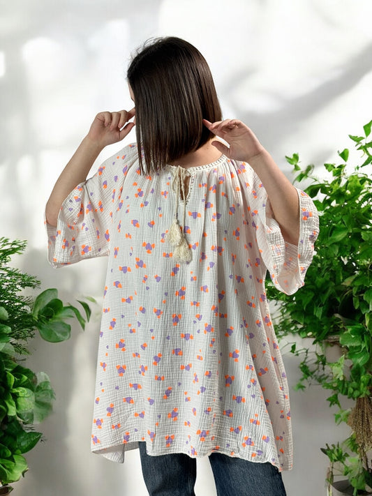 LUCIA - BLOUSE OVERSIZE COEUR LILAS EN COTON JUSQU'A LA TAILLE 56