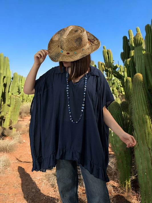 SERENA - BLOUSE MARINE OVERSIZE EN COTON JUSQU'A LA TAILLE 56