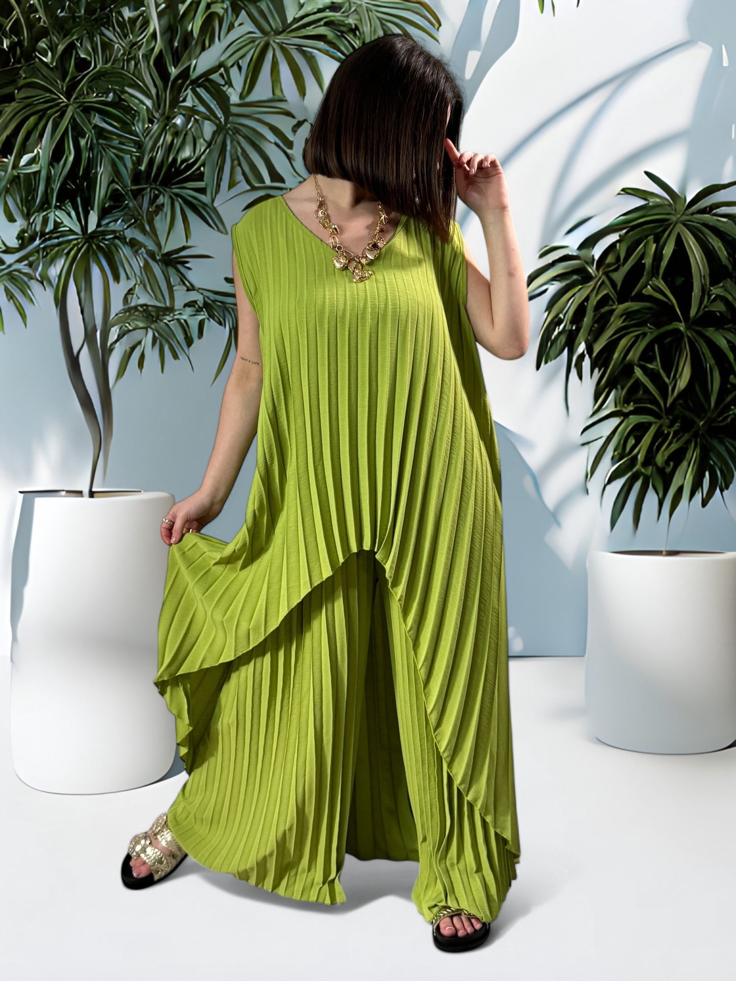 COCKTAIL - ENSEMBLE VERT TUNIQUE ET PANTALON  OVERSIZE JUSQU'A LA TAILLE 56