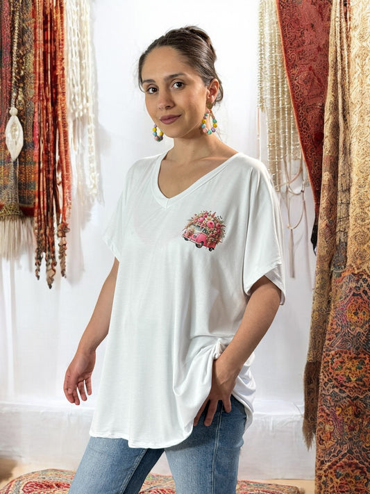 BILLIE - T-SHIRT BLANC EN VISCOSE MOTIF COMBI JUSQU'A LA TAILLE 56/58