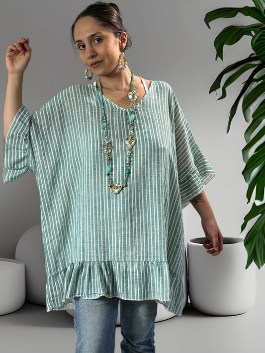 NELLY - TUNIQUE EN COTON A RAYURE LAGON JUSQU'A LA TAILLE 52/54
